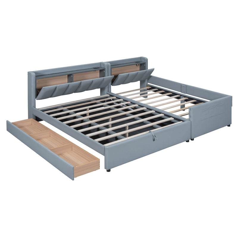Upholstered Mother & Child Bed With Hydraulic Storage System, Drawer Box, Bedhead Storage Shelf And 2 Pairs Of Sockets & USB Ports - R&R Furniture Gallery (Fountain Valley, CA)