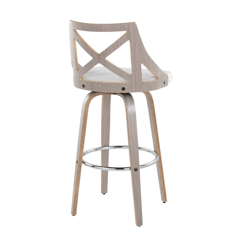 Set of 2 Lumi Source Charlotte farmhouse fixed height bar stools with round footrests, featuring wooden seats and metal frames.