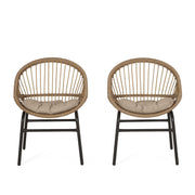 Set of two Noble House outdoor accent chairs with curved backs and basket frames in light brown and beige, suitable for patio seating.