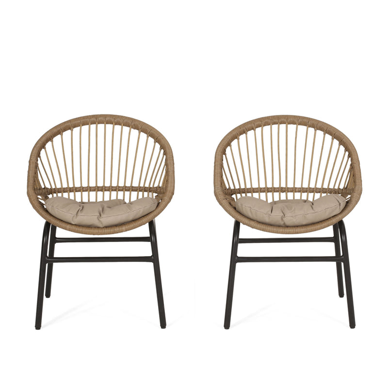 Set of two Noble House outdoor accent chairs with curved backs and basket frames in light brown and beige, suitable for patio seating.