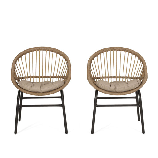 Set of two Noble House outdoor accent chairs with curved backs and basket frames in light brown and beige, suitable for patio seating.