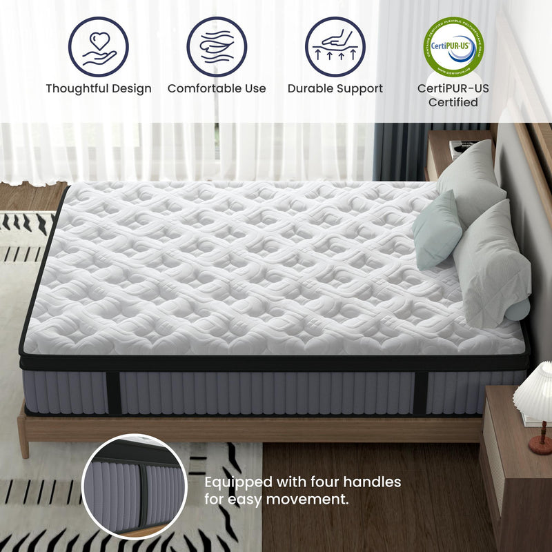 14" King Hybrid Mattress, Memory Foam & Pocket Spring Bed, Cooling, Pressure Relief, Back & Hip Support - Gray / White - R&R Furniture Gallery (Fountain Valley, CA)