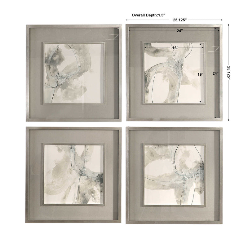 Set of four beige framed art prints featuring abstract divination-themed designs by Uttermost.