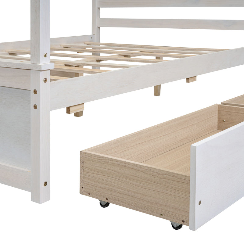 DreamHaus canopy platform bed with built-in drawers, support slats, and no box spring needed, featuring a modern design.