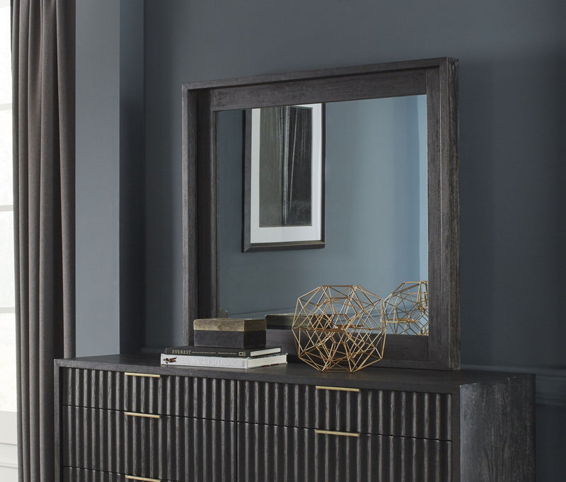 Black Drifted Oak Kentfield solid wood beveled glass mirror by Modus, showcasing a stylish standalone mirror with a beveled glass edge.