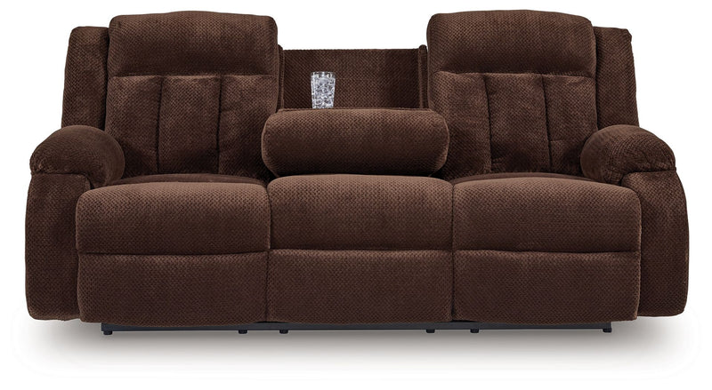 Free Wake - Reclining Power Sofa With Drop Down Table - Chocolate - R&R Furniture Gallery (Fountain Valley, CA)