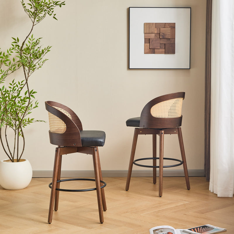 Noble House Como indoor wood barstool set of two with sleek design and natural wood finish, perfect for modern kitchen or bar area.