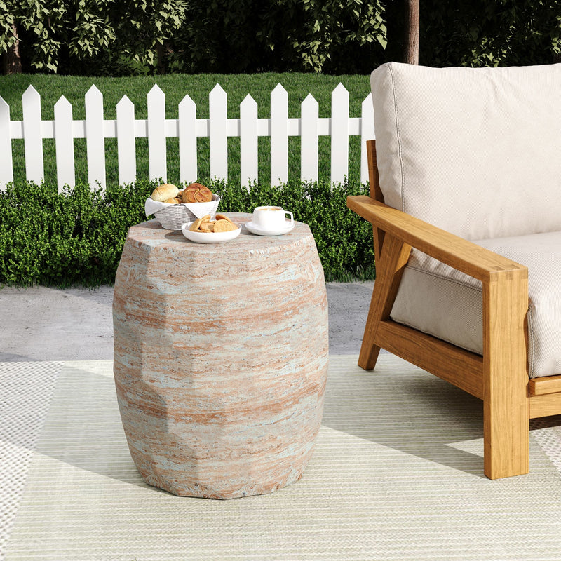 Beige travertine lightweight concrete side table by Noble House, suitable for indoor and outdoor use, with a sleek modern design.