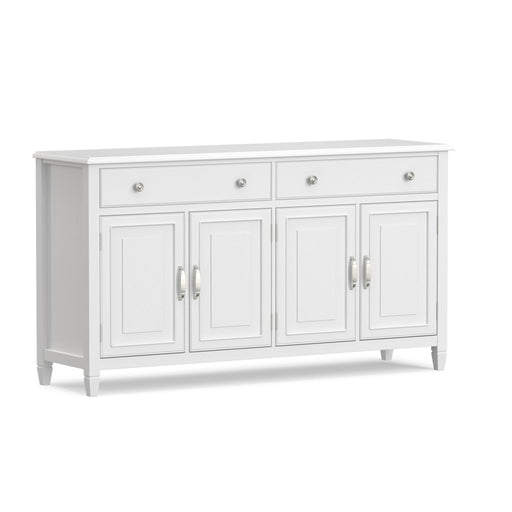 Large Simpli-Home Connaught sideboard buffet storage cabinet with multiple drawers and doors, made of wood with a dark finish.