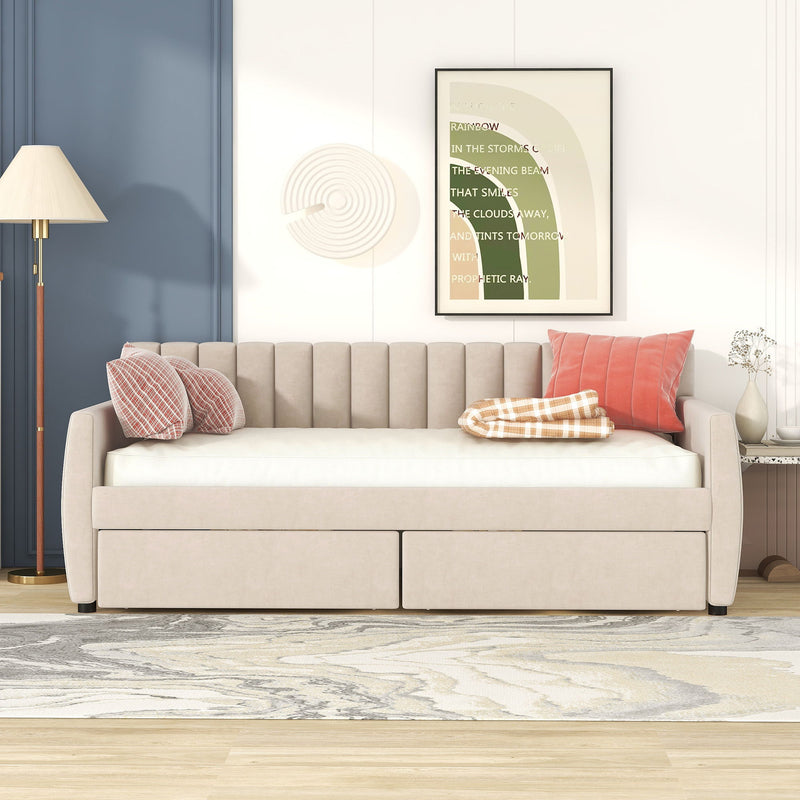 DreamHaus upholstered storage daybed with slat support, featuring a plush fabric headboard and built-in storage drawers.