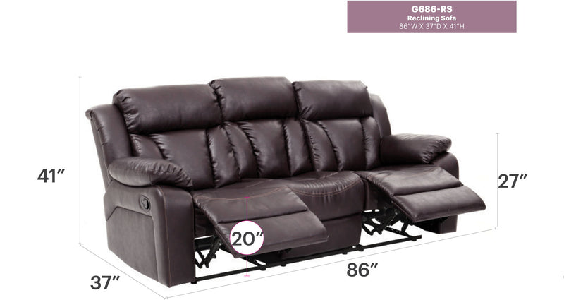 Elegant reclining sofa from Glory Furniture with plush cushions and a sleek design, perfect for leisure and relaxation.