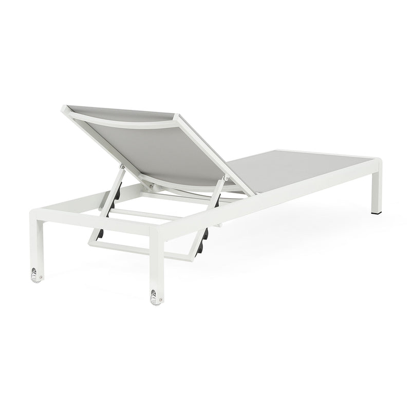 Noble House outdoor patio chaise lounge with five reclining positions, featuring cushioned seating and adjustable backrest.