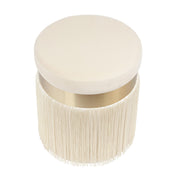 TOV Furniture Melody tasseled upholstered ottoman with fabric covering, decorative tassels, and cushioned top for stylish seating.