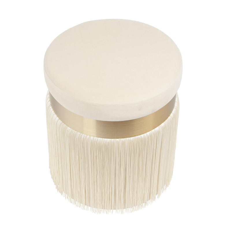 TOV Furniture Melody tasseled upholstered ottoman with fabric covering, decorative tassels, and cushioned top for stylish seating.