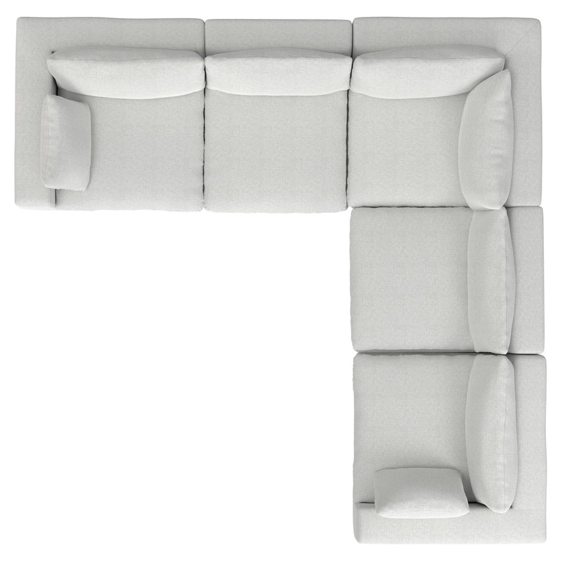 Simpli-Home Jasmine handcrafted stationary sectional sofa with plush cushions and modern design, shown in a stylish living room setting.