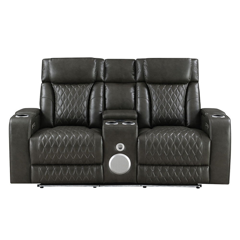 Taddeo - Power Motion Loveseat With Console, Speaker, USB, Wireless Charger & LED - Dark Gray - R&R Furniture Gallery (Fountain Valley, CA)