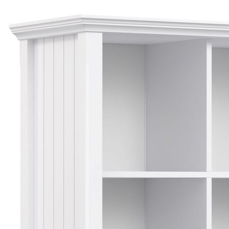 Handcrafted Acadian cube storage organizer by Simpli-Home showing four open cube compartments in natural wood finish.