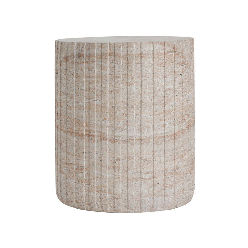 Elegant beige Noble House concrete side table with travertine top, suitable for indoor or outdoor use, lightweight and stylish.