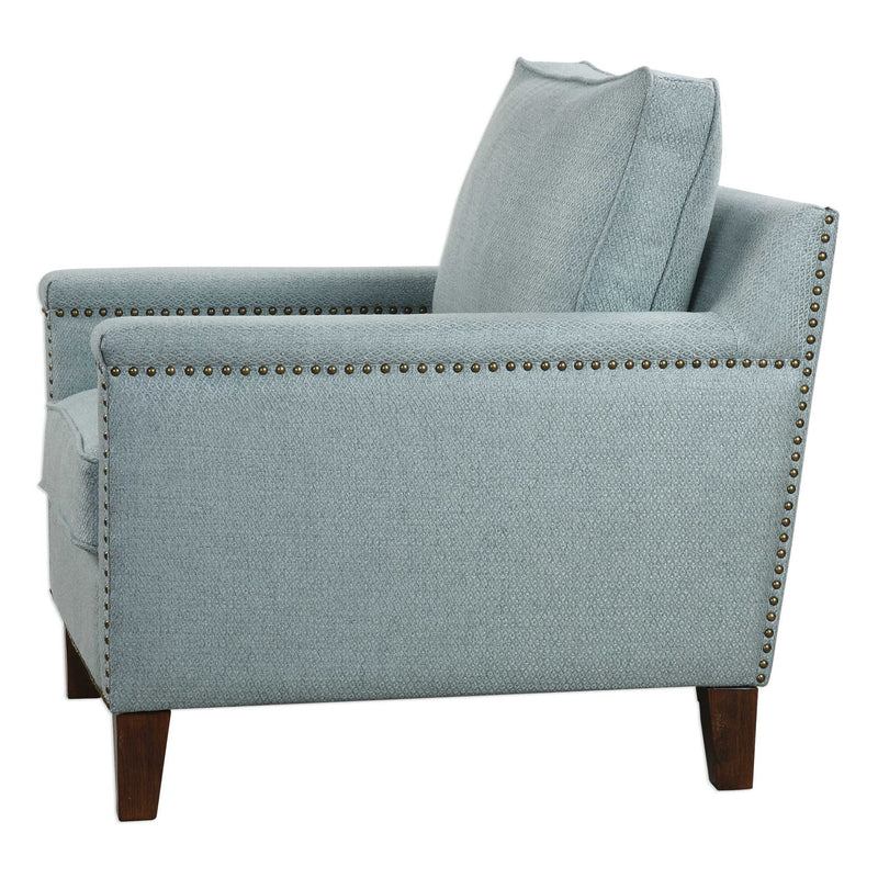 Uttermost Charlotta accent arm chair in Sea Mist fabric with plush cushioning and wooden legs, stylish living room seating.