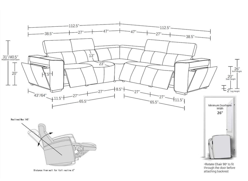 1224 - 5-Piece L-Shaped Sectional Sofa In With 3 Power Recliners & Power Headrests
