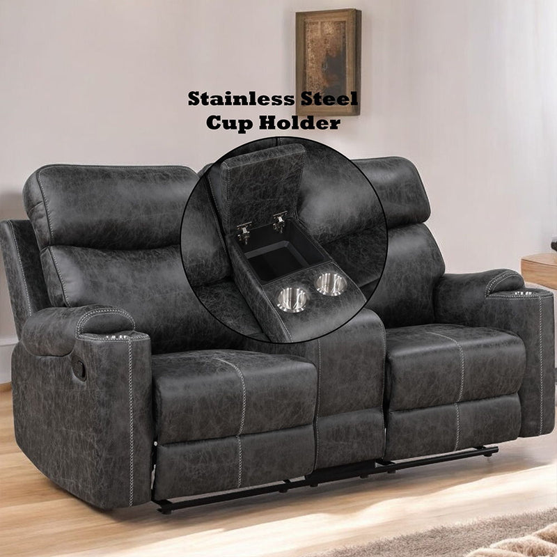 Hirah - Motion Loveseat With Console & USB Port - Dark Gray Polish Microfiber - R&R Furniture Gallery (Fountain Valley, CA)