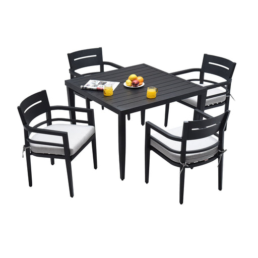 Life Outside 7-piece outdoor dining set with cushioned chairs and a table featuring an umbrella hole, perfect for modern outdoor dining.