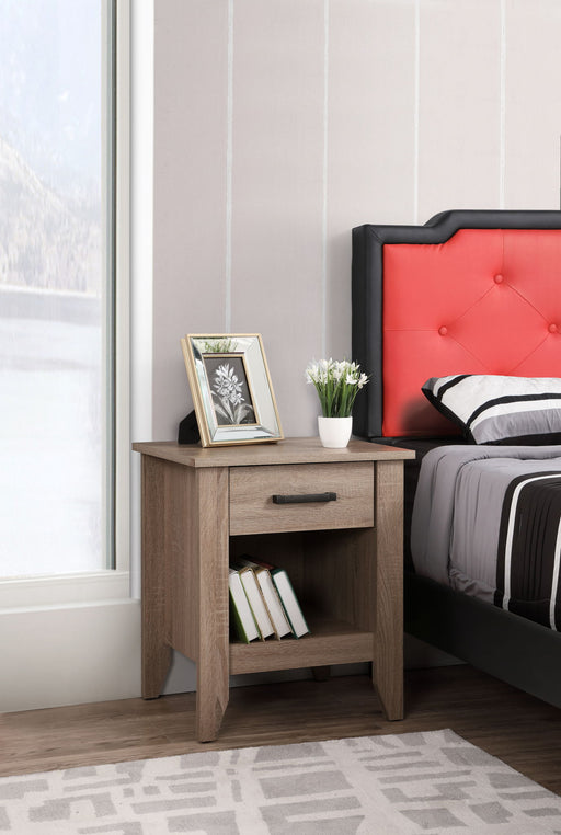 Glory Furniture roller drawer glides on an accent nightstand with a sleek wood finish and modern design.
