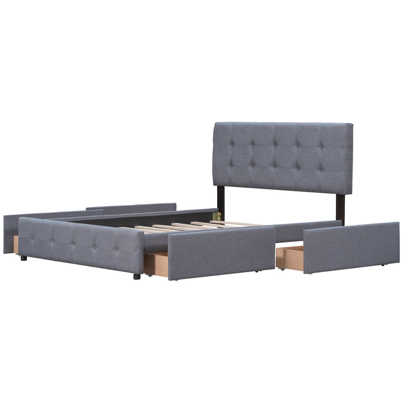 DreamHaus upholstered storage bed with classic headboard and built-in drawers, no box spring needed, in a modern bedroom setting.