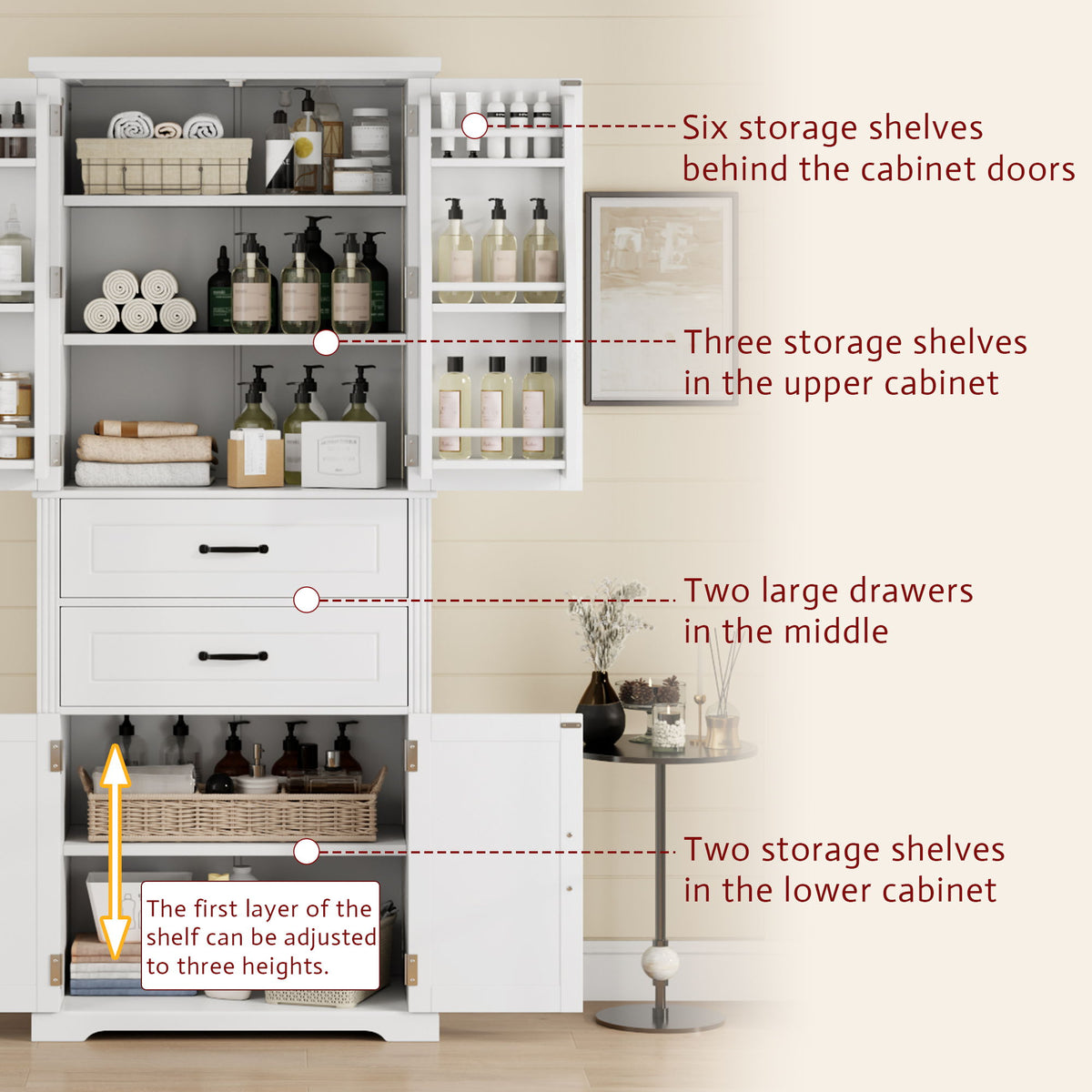 Storage Cabinet With Adjustable Shelves, 2 Drawers, Doors
