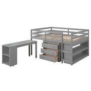 DreamHaus loft low study bed with cabinet, shelves, and rolling desk, showcasing multi-functional bedroom furniture.