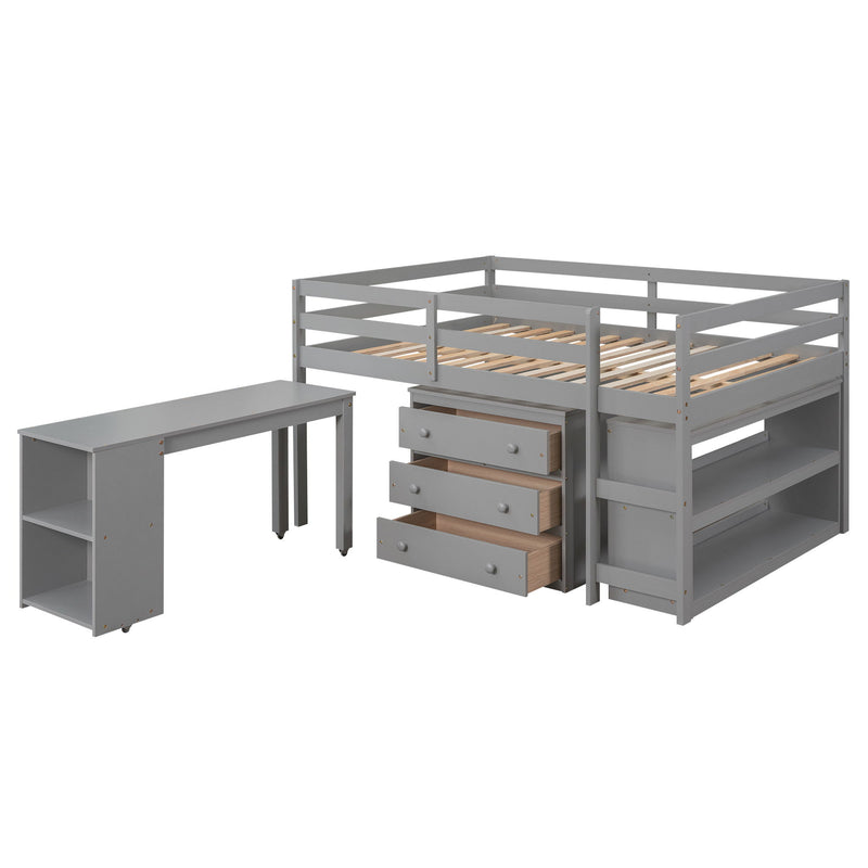 DreamHaus loft low study bed with cabinet, shelves, and rolling desk, showcasing multi-functional bedroom furniture.