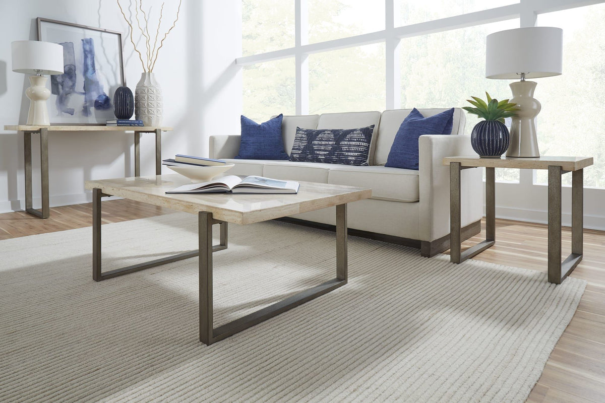 Ariela Natural Travertine Console Table with Bronze Metal Base