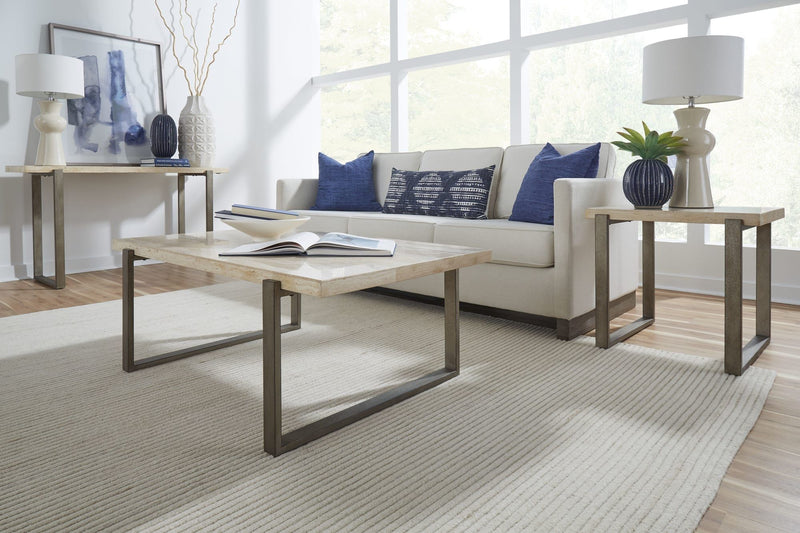 Ariela Natural Travertine Console Table with Bronze Metal Base