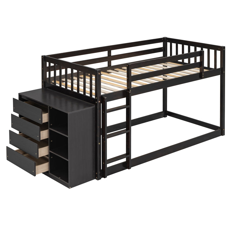DreamHaus bunk bed with built-in four drawers and three shelves, featuring a sturdy wooden frame and modern design.