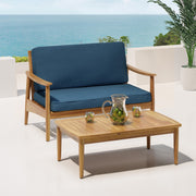 Noble House outdoor acacia wood loveseat set with two chairs and coffee table, ideal for patio or garden seating.