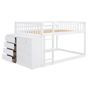 DreamHaus bunk bed with four drawers and three shelves, showing a wooden frame with built-in storage and ladder.
