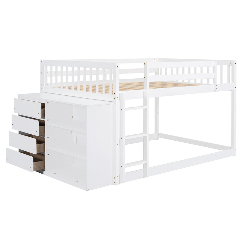 DreamHaus bunk bed with four drawers and three shelves, showing a wooden frame with built-in storage and ladder.