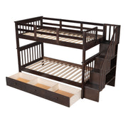 DreamHaus stairway bunk bed with built-in storage drawers and safety guard rail in a bedroom setting.