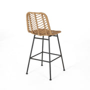 Noble House Sawtelle outdoor wicker barstool set with two stylish, weather-resistant stools featuring natural wicker finish and metal frames.