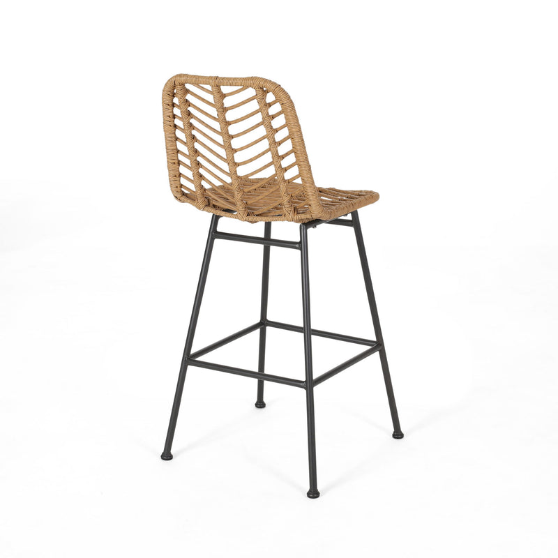 Noble House Sawtelle outdoor wicker barstool set with two stylish, weather-resistant stools featuring natural wicker finish and metal frames.