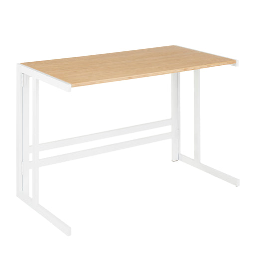 Lumi Source Roman industrial office desk with white tabletop and natural wood legs, ideal for modern writing and workspace setup.