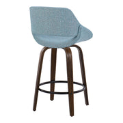 Lumi Source Fabrico mid-century modern fixed height counter stool set with round footrests, featuring sleek wooden legs and upholstered seats.