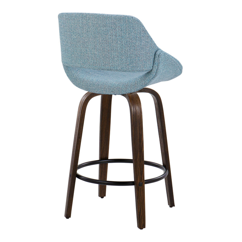Lumi Source Fabrico mid-century modern fixed height counter stool set with round footrests, featuring sleek wooden legs and upholstered seats.