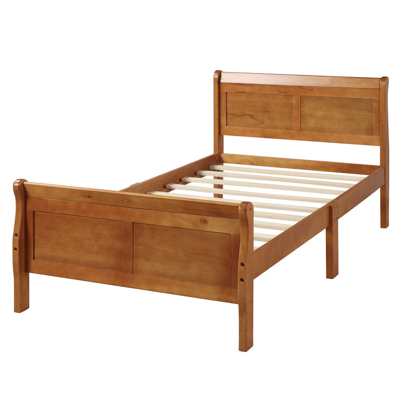 DreamHaus platform bed frame with sleigh design, wood slat support, and attached headboard and footboard in a modern bedroom setting.