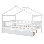 DreamHaus house bed with built-in storage drawers, child-friendly design, featuring a cozy house-shaped frame and two spacious drawers underneath.