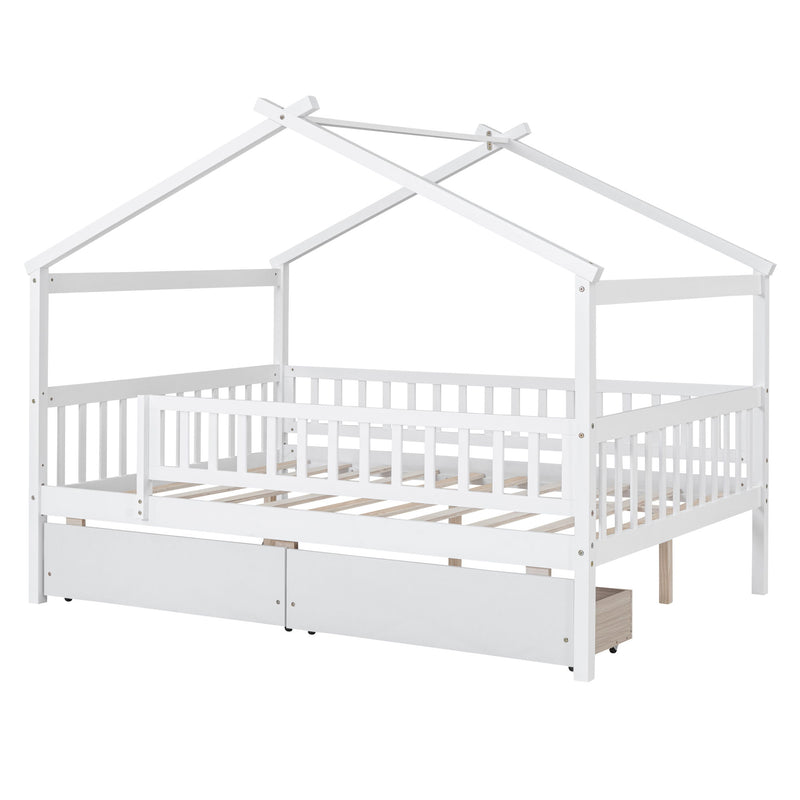 DreamHaus house bed with built-in storage drawers, child-friendly design, featuring a cozy house-shaped frame and two spacious drawers underneath.