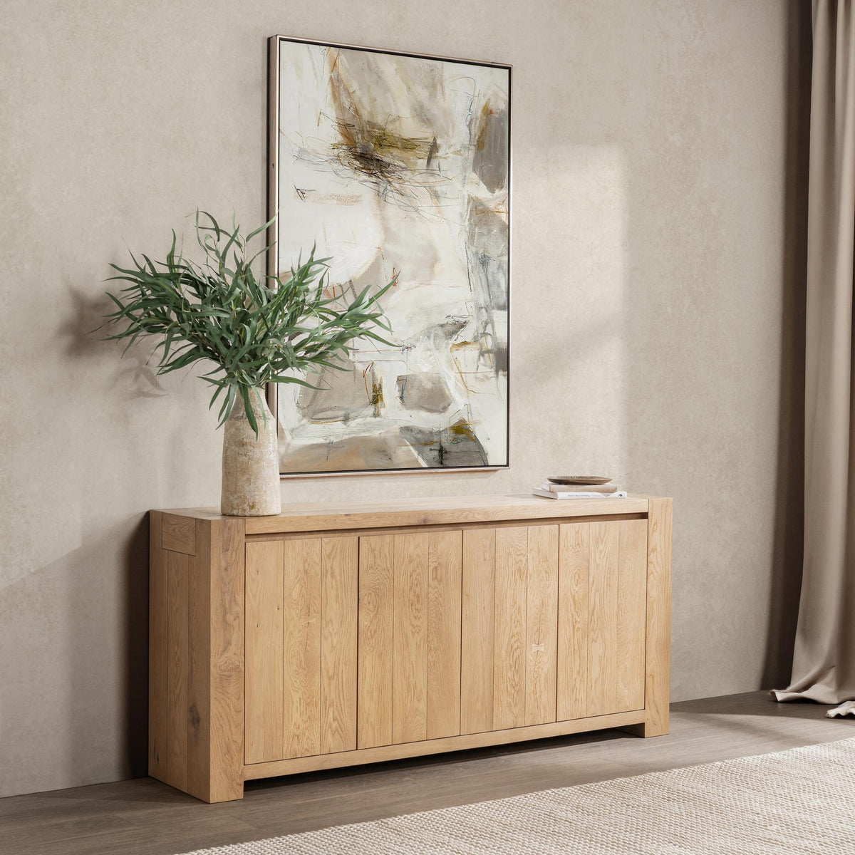 Classic Home Bristol 4-door cabinet buffet with wood finish and sleek design, featuring four spacious doors and modern hardware.