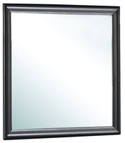 Elegant black wall mirror from Glory Furniture with a sleek rectangular frame, hanging on a modern wall.