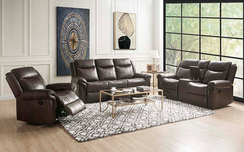 Lydia - Motion Loveseat With USB & Console - Brown Leather Aire - R&R Furniture Gallery (Fountain Valley, CA)
