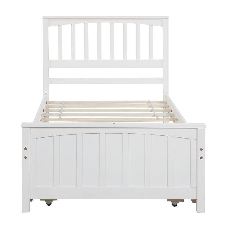 DreamHaus platform bed with integrated trundle bed, showcasing a modern design and sturdy wood construction in a cozy bedroom setting.